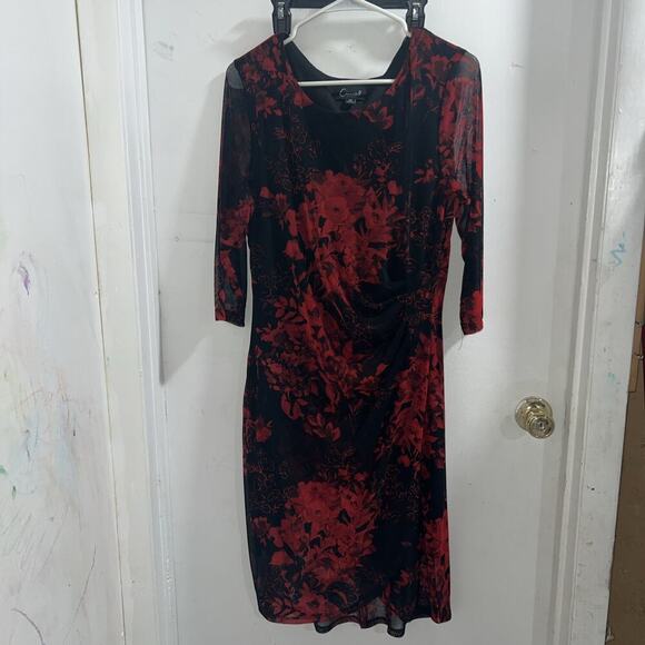 Connected Apparel Red and Black Floral Print Mini Dress Stretchy Size 14p - Picture 1 of 5